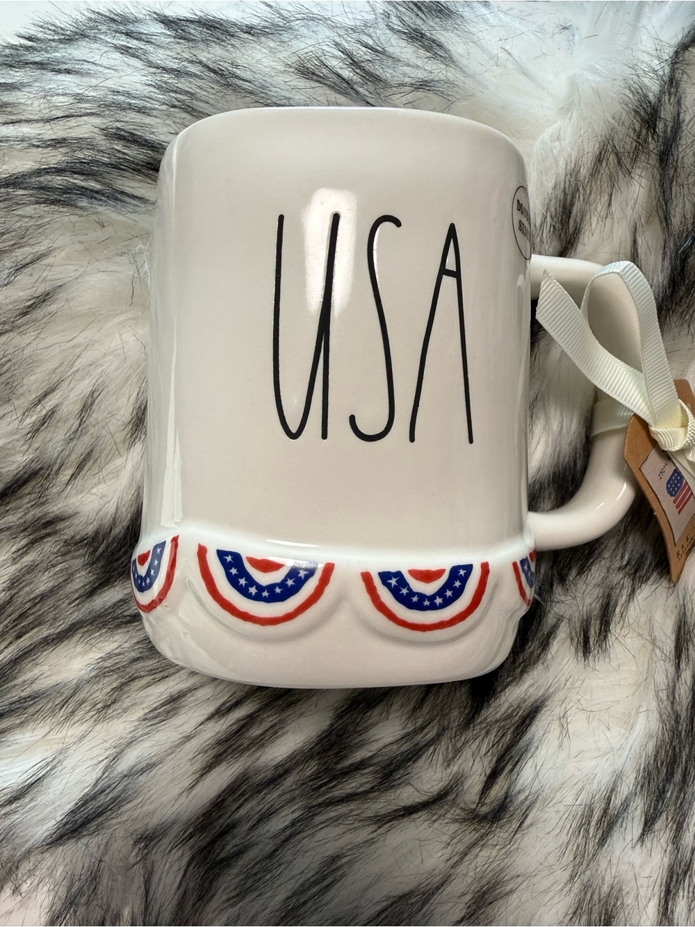 Rae Dunn Cream USA Mug with Red & Blue Bunting.